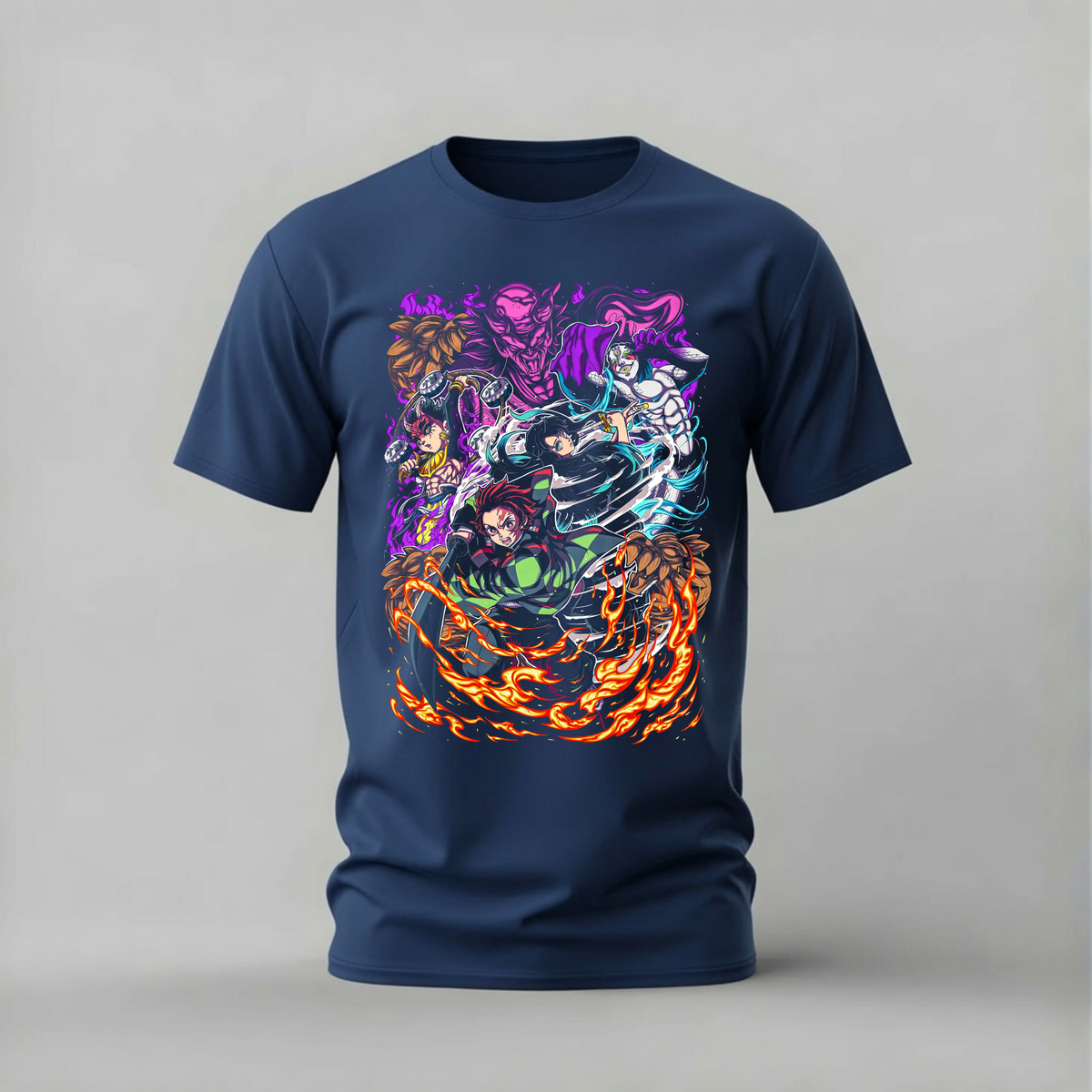 demon slayer group tshirt; tanjiro nezuko shirt; kimetsu no yaiba graphic tee; demon slayer action tshirt; unisex demon slayer group tee; men cotton tshirt; half sleeve printed tshirt; anime merch; casual wear