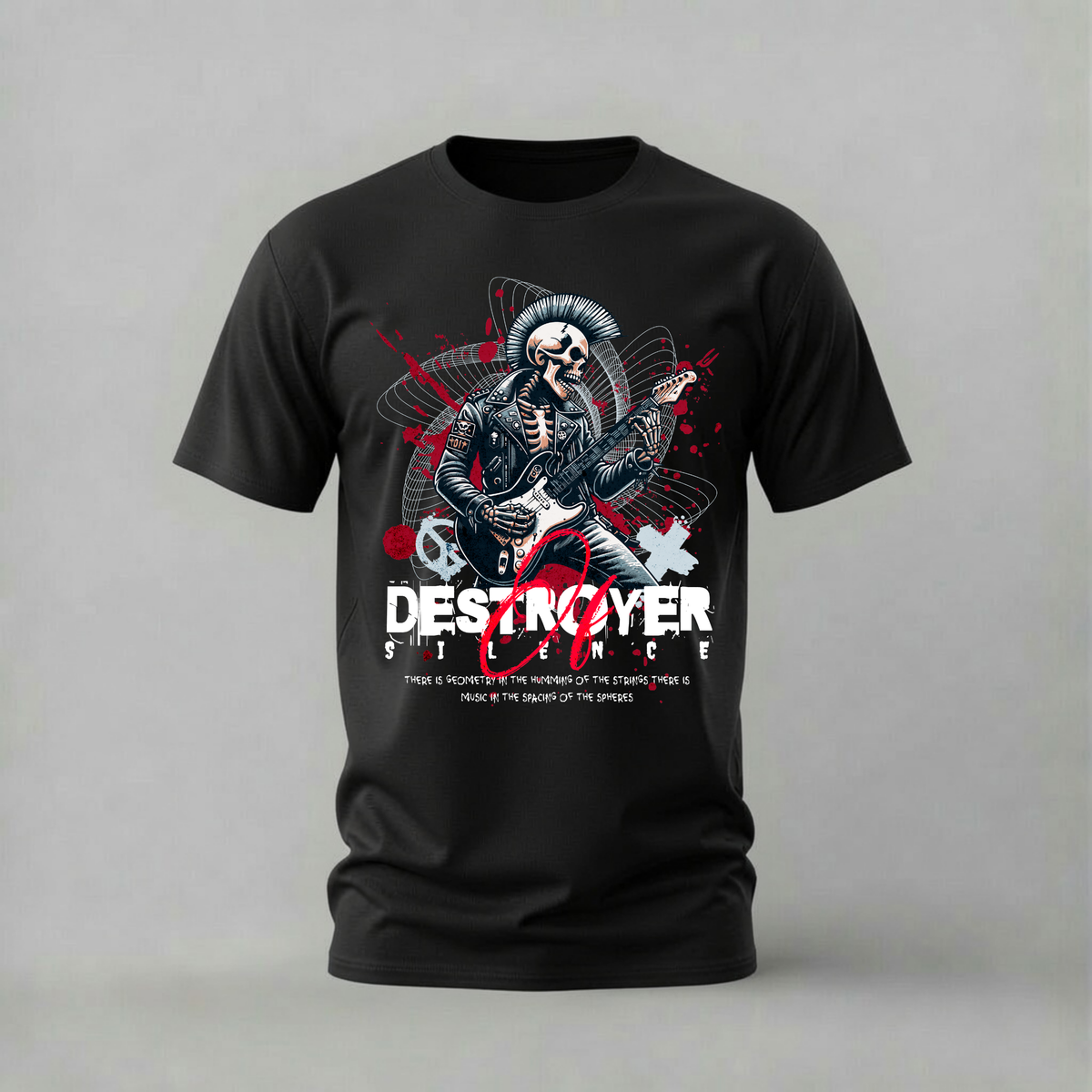destroyer of silence tshirt; punk skeleton shirt; rock guitar graphic tee; skeleton punk tshirt; unisex graphic tee; men cotton tshirt; half sleeve printed tshirt; music merch; casual wear
