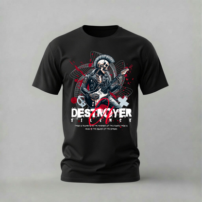 destroyer of silence tshirt; punk skeleton shirt; rock guitar graphic tee; skeleton punk tshirt; unisex graphic tee; men cotton tshirt; half sleeve printed tshirt; music merch; casual wear