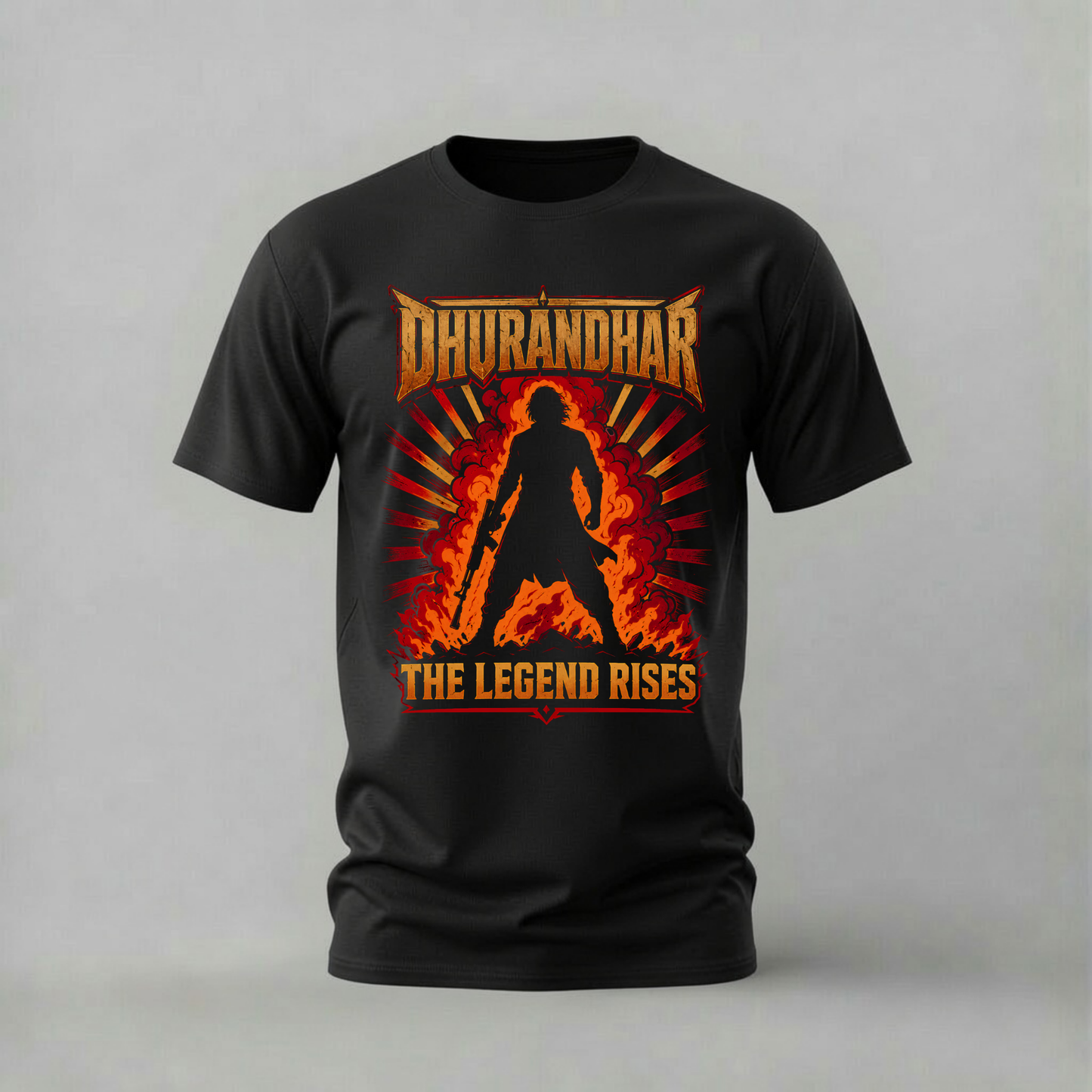 dhurandhar tshirt; the legend rises shirt; warrior silhouette graphic tee; action legend tshirt; dhurandhar movie shirt; unisex dhurandhar tee; men cotton tshirt; half sleeve printed tshirt; streetwear; casual wear; action merch; warrior graphic shirt
