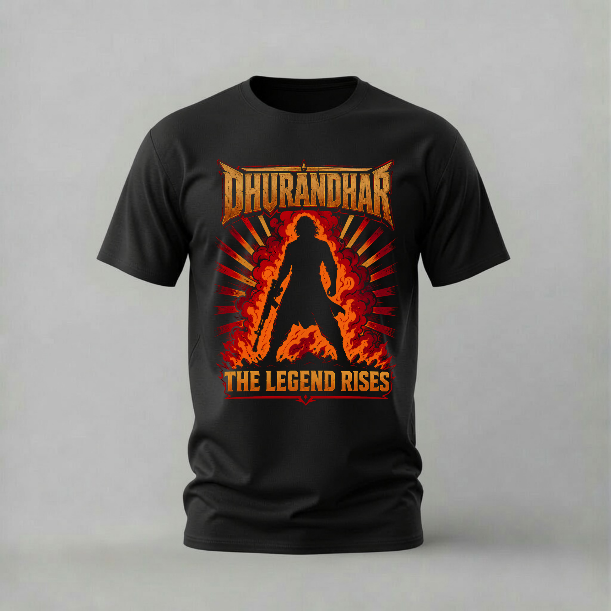 dhurandhar tshirt; the legend rises shirt; warrior silhouette graphic tee; action legend tshirt; dhurandhar movie shirt; unisex dhurandhar tee; men cotton tshirt; half sleeve printed tshirt; streetwear; casual wear; action merch; warrior graphic shirt