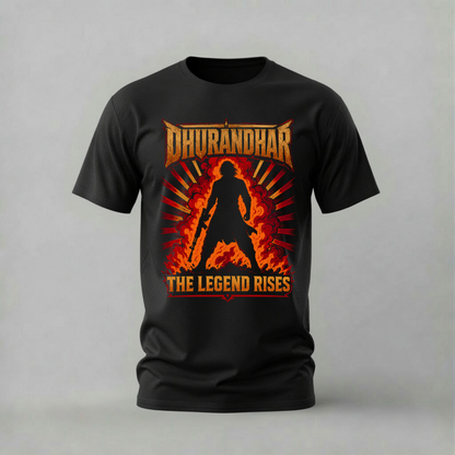 dhurandhar tshirt; the legend rises shirt; warrior silhouette graphic tee; action legend tshirt; dhurandhar movie shirt; unisex dhurandhar tee; men cotton tshirt; half sleeve printed tshirt; streetwear; casual wear; action merch; warrior graphic shirt