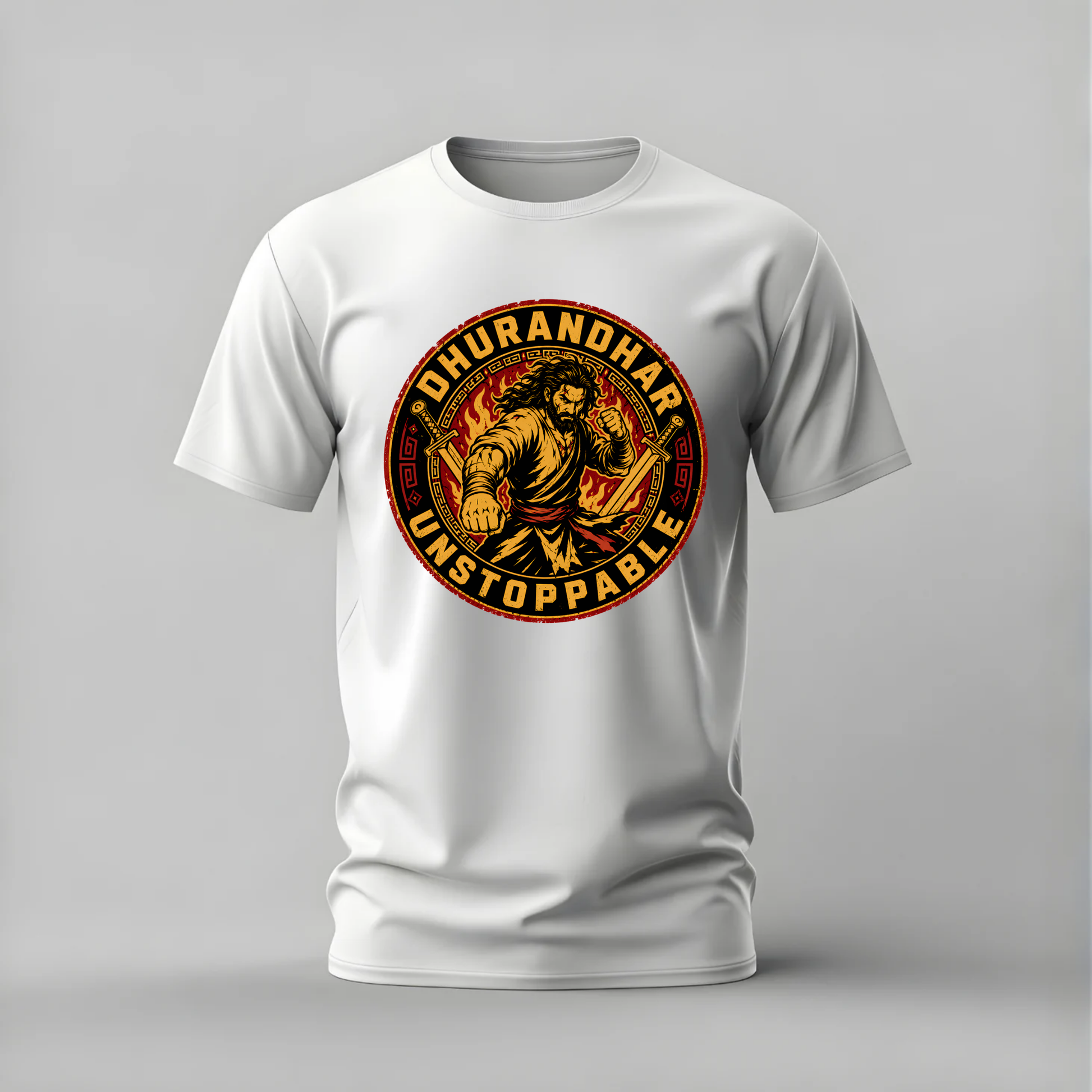 dhurandhar tshirt; unstoppable warrior shirt; dhurandhar graphic tee; dual sword warrior tshirt; indian warrior shirt; unisex warrior tee; men cotton tshirt; half sleeve printed tshirt; streetwear; casual wear; warrior merch; cultural graphic shirt

