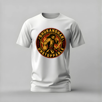 dhurandhar tshirt; unstoppable warrior shirt; dhurandhar graphic tee; dual sword warrior tshirt; indian warrior shirt; unisex warrior tee; men cotton tshirt; half sleeve printed tshirt; streetwear; casual wear; warrior merch; cultural graphic shirt
