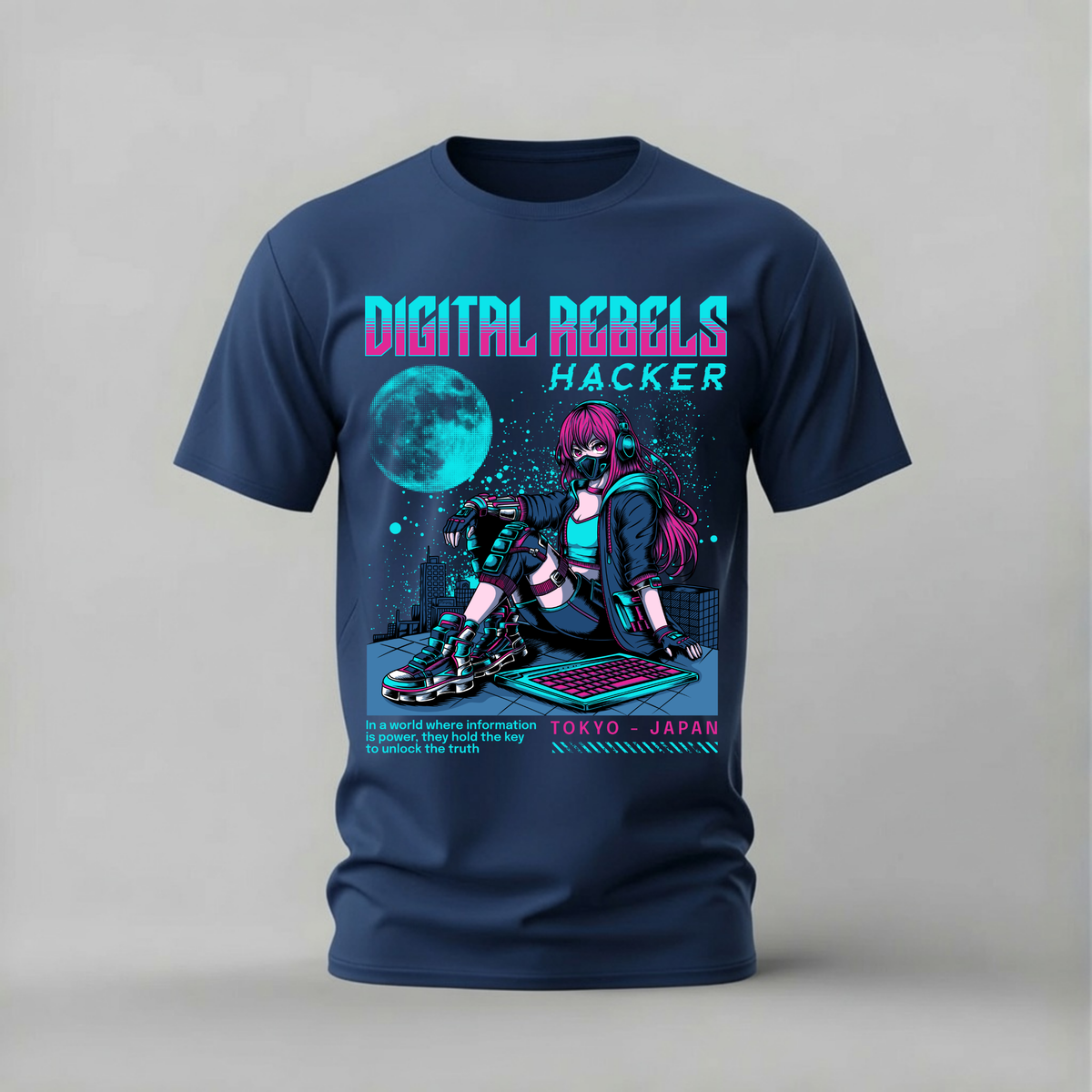 digital rebels tshirt; cyberpunk hacker shirt; anime girl graphic tee; tokyo hacker tshirt; unisex streetwear tee; men cotton tshirt; half sleeve printed tshirt; cyberpunk merch; casual wear