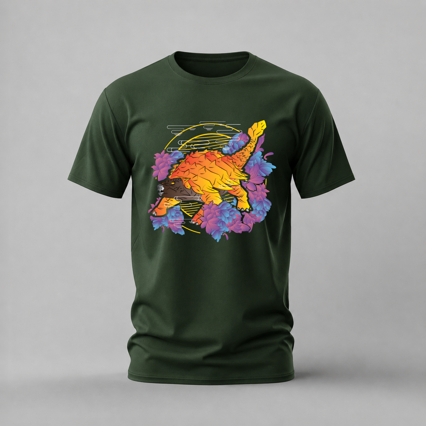 dinosaur tshirt; floral dino shirt; armored dinosaur graphic tee; colorful dinosaur tshirt; dino flowers shirt; unisex dino tee; men cotton tshirt; half sleeve printed tshirt; streetwear; casual wear; dinosaur merch; dino graphic shirt
