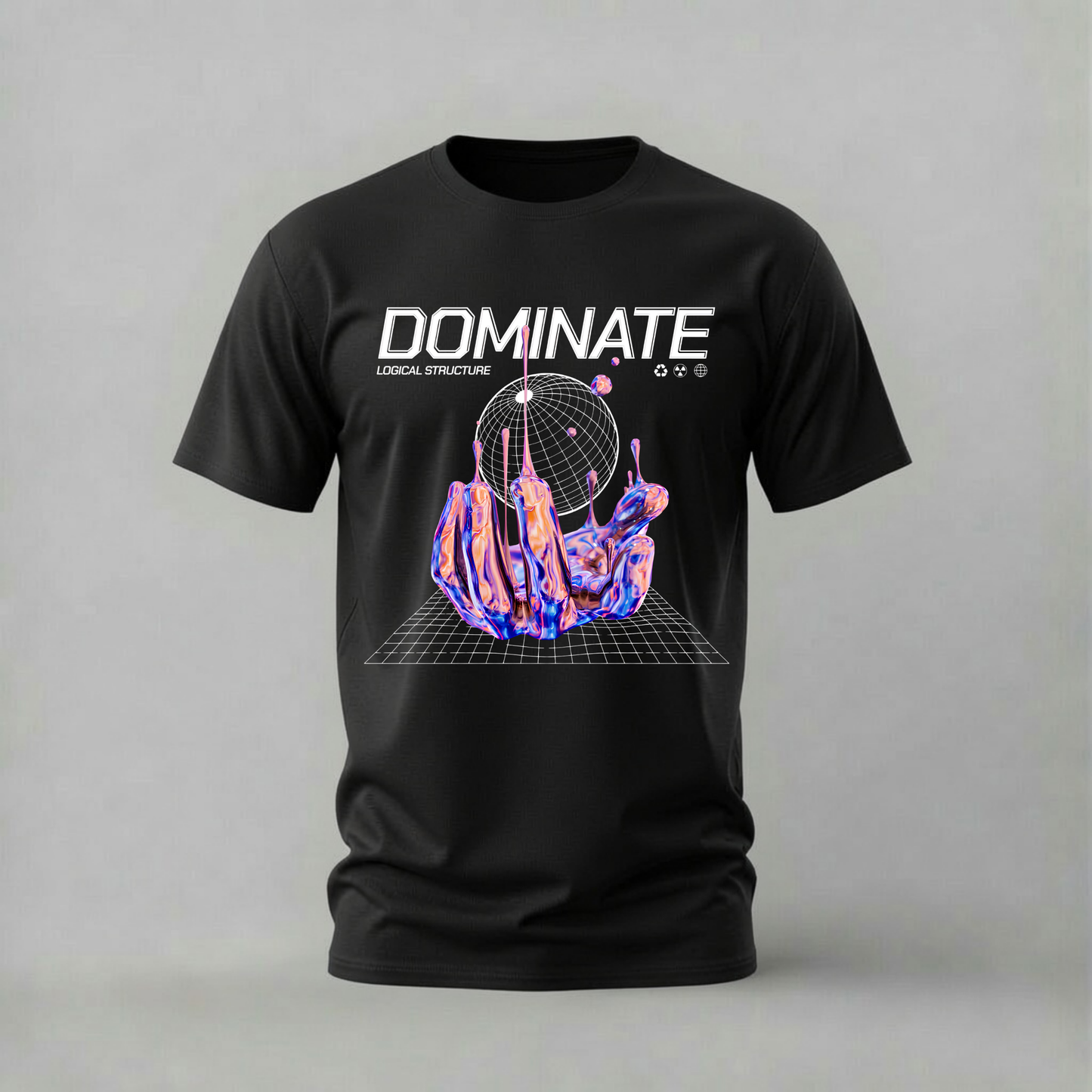 dominate tshirt; liquid hand shirt; abstract chrome graphic tee; logical structure tshirt; futuristic hand shirt; unisex dominate tee; men cotton tshirt; half sleeve printed tshirt; streetwear; casual wear; abstract merch; futuristic graphic shirt
