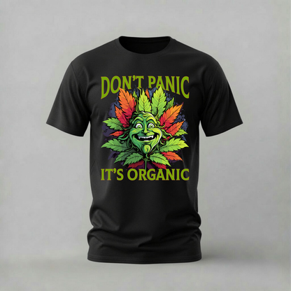 don’t panic it’s organic tshirt; leafy face shirt; cannabis graphic tee; organic design tshirt; unisex graphic tee; men cotton tshirt; half sleeve printed tshirt; lifestyle merch; casual wear