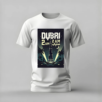 dubai 2am tshirt; burj khalifa shirt; dubai night graphic tee; dubai 2am tshirt; city night shirt; unisex dubai tee; men cotton tshirt; half sleeve printed tshirt; streetwear; casual wear; dubai merch; burj graphic shirt
