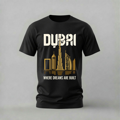 dubai tshirt; dubai skyline shirt; burj khalifa graphic tee; dubai city tshirt; where dreams are built shirt; unisex dubai tee; men cotton tshirt; half sleeve printed tshirt; streetwear; casual wear; dubai merch; skyline graphic shirt
