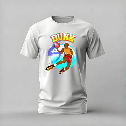 dunk basketball tshirt; slam dunk shirt; basketball graphic tee; dunk action tshirt; sports basketball shirt; unisex dunk tee; men cotton tshirt; half sleeve printed tshirt; streetwear; casual wear; basketball merch; sports graphic shirt
