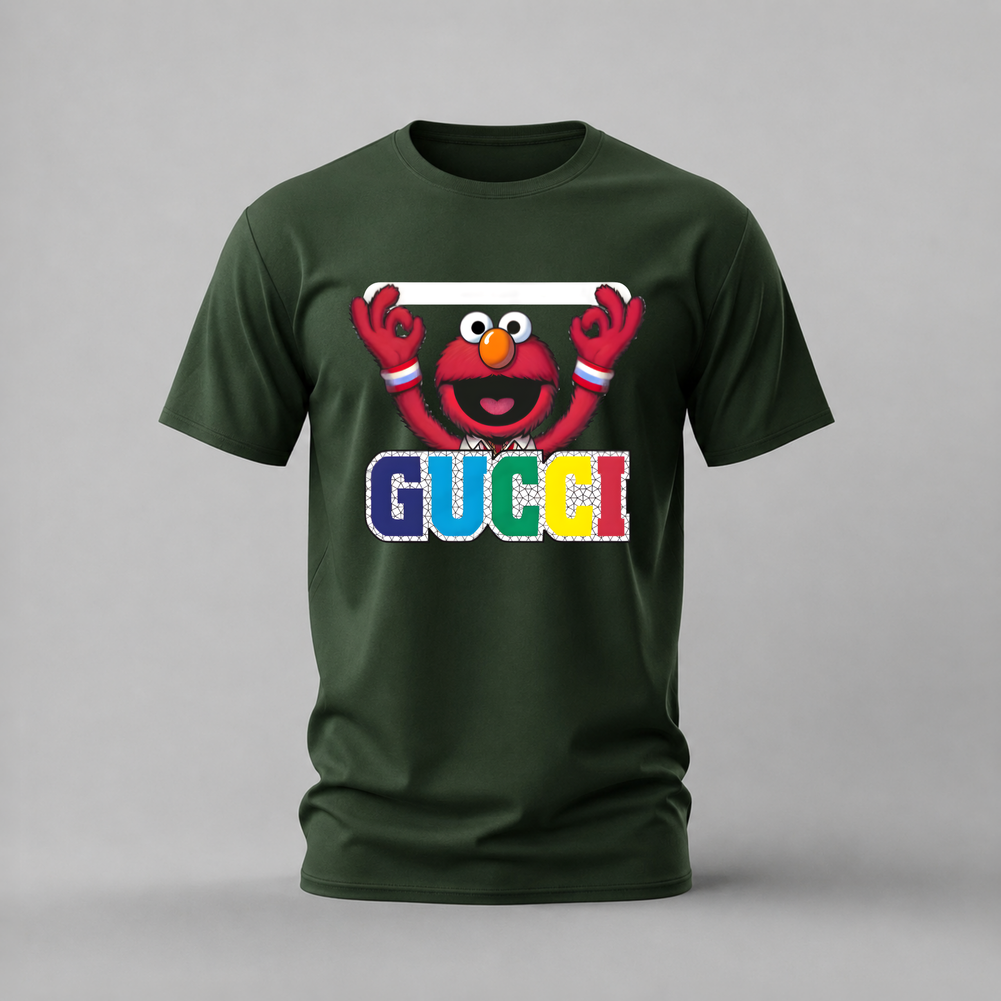 elmo gucci tshirt; sesame street shirt; elmo graphic tee; elmo gucci tshirt; fun elmo shirt; unisex cartoon tee; men cotton tshirt; half sleeve printed tshirt; streetwear; casual wear; elmo merch; sesame graphic shirt
