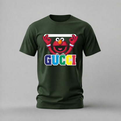elmo gucci tshirt; sesame street shirt; elmo graphic tee; elmo gucci tshirt; fun elmo shirt; unisex cartoon tee; men cotton tshirt; half sleeve printed tshirt; streetwear; casual wear; elmo merch; sesame graphic shirt
