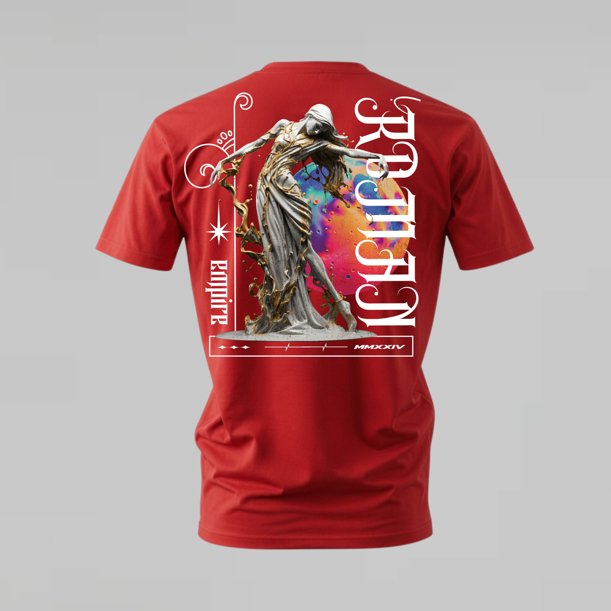 empire rhythm tshirt; liquid gold statue shirt; artistic graphic tee; luxury streetwear tshirt; unisex art tee; men cotton tshirt; half sleeve printed tshirt; fashion merch; casual wear