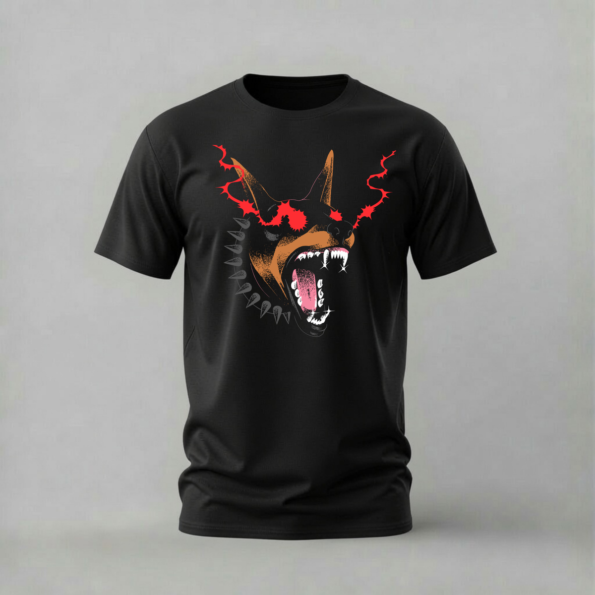 fierce spiked doberman tshirt; aggressive dog shirt; red eyes dog graphic tee; spiked collar dog tshirt; unisex graphic tee; men cotton tshirt; half sleeve printed tshirt; street merch; casual wear