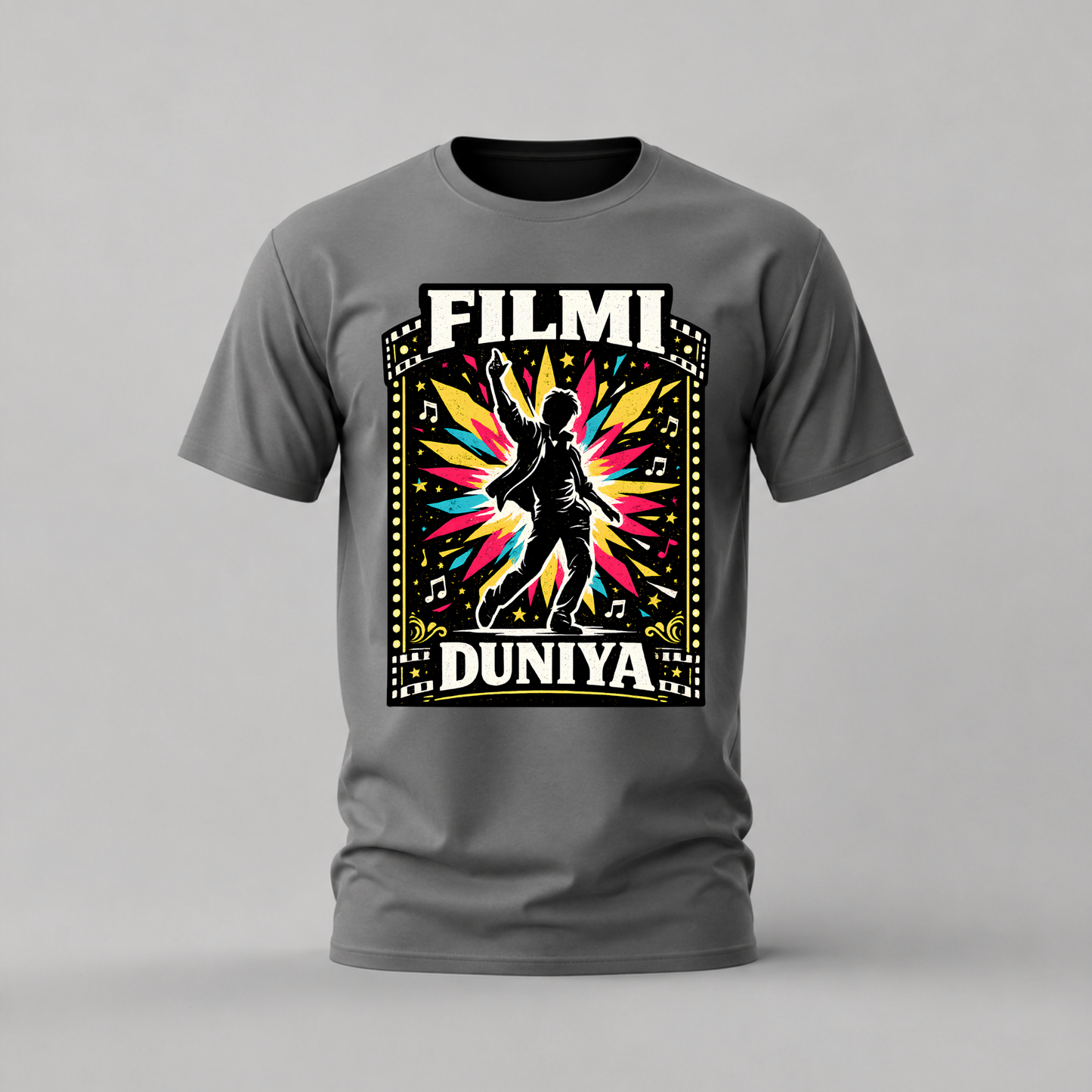 filmi duniya tshirt; bollywood dance shirt; filmi duniya graphic tee; bollywood dancer tshirt; indian cinema shirt; unisex bollywood tee; men cotton tshirt; half sleeve printed tshirt; streetwear; casual wear; bollywood merch; film graphic shirt
