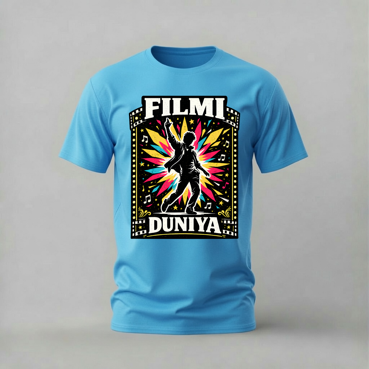 filmi duniya tshirt; bollywood dance shirt; filmi duniya graphic tee; bollywood dancer tshirt; indian cinema shirt; unisex bollywood tee; men cotton tshirt; half sleeve printed tshirt; streetwear; casual wear; bollywood merch; film graphic shirt

