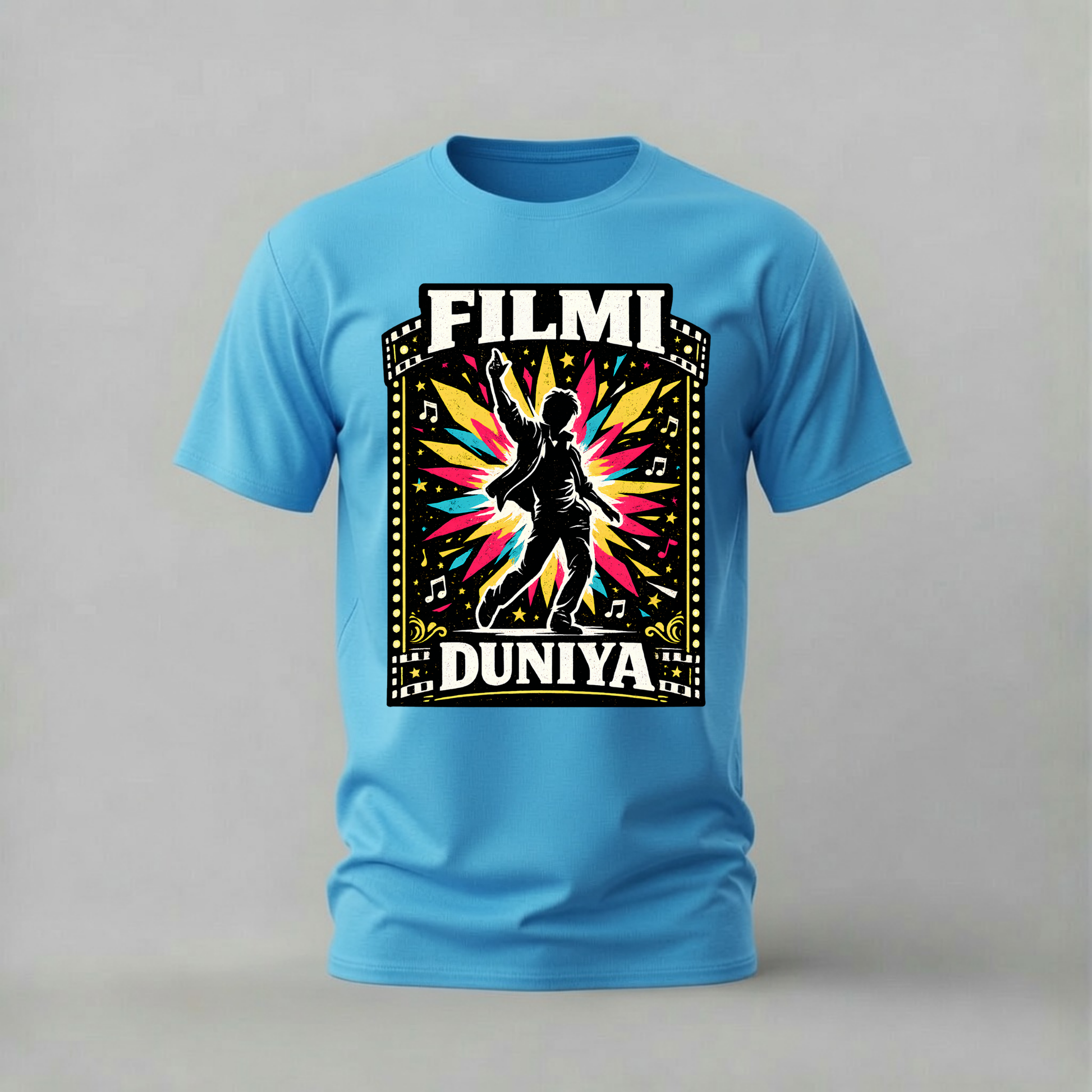 filmi duniya tshirt; bollywood dance shirt; filmi duniya graphic tee; bollywood dancer tshirt; indian cinema shirt; unisex bollywood tee; men cotton tshirt; half sleeve printed tshirt; streetwear; casual wear; bollywood merch; film graphic shirt
