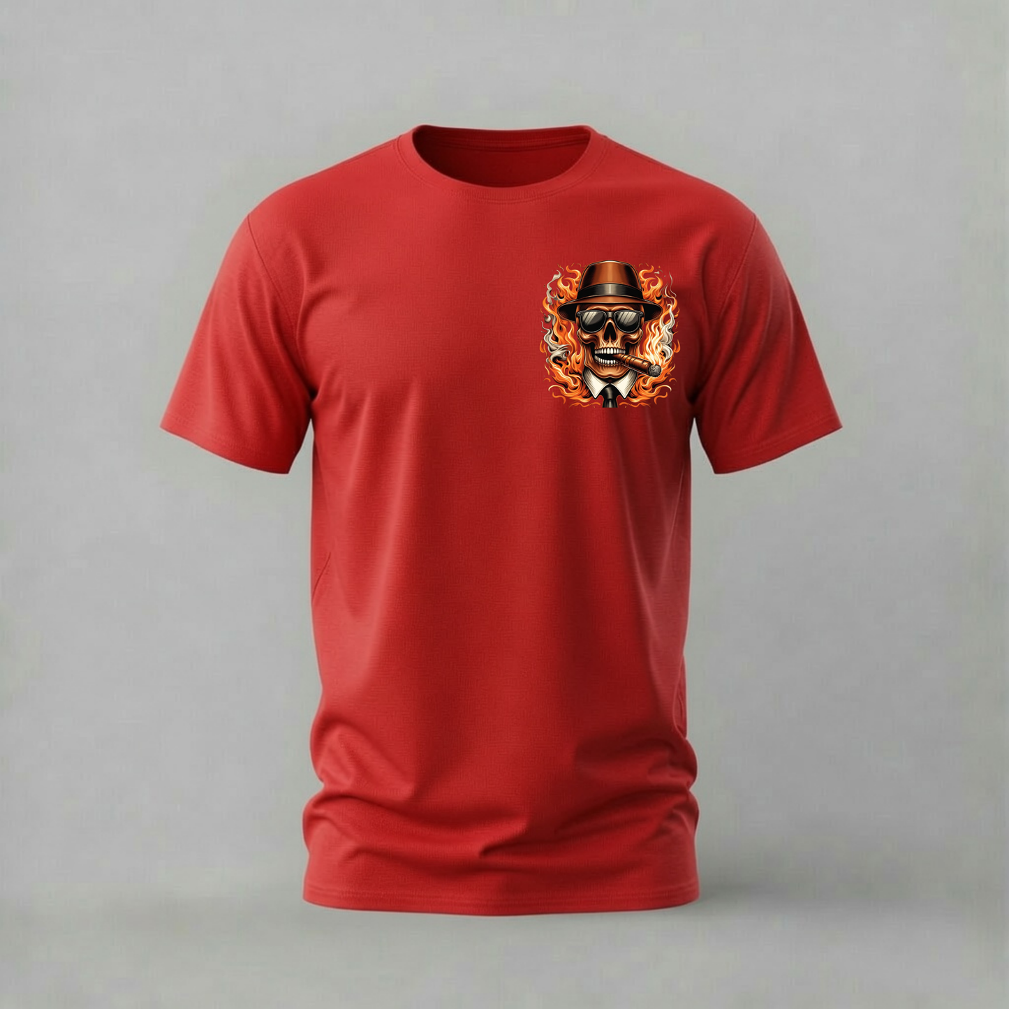 flaming skull tshirt; fedora skull shirt; cigar skull graphic tee; fire skull tshirt; streetwear skull shirt; unisex skull tee; men cotton tshirt; half sleeve printed tshirt; streetwear; casual wear; skull merch; fire graphic shirt
