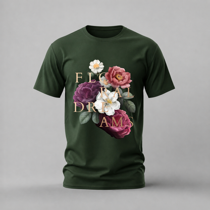 floral dreams tshirt; rose flowers shirt; floral dreams graphic tee; botanical rose tshirt; elegant floral shirt; unisex flower tee; men cotton tshirt; half sleeve printed tshirt; streetwear; casual wear; floral merch; rose graphic shirt
