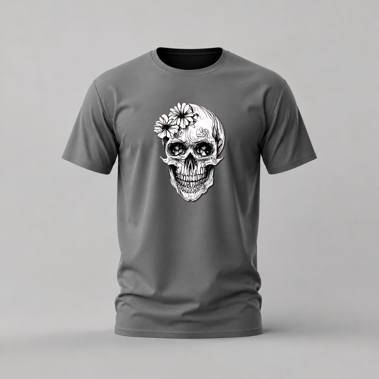 flower skull tshirt; floral skull shirt; skull with flowers graphic tee; artistic skull tshirt; gothic flower shirt; unisex skull tee; men cotton tshirt; half sleeve printed tshirt; streetwear; casual wear; skull merch; floral graphic shirt