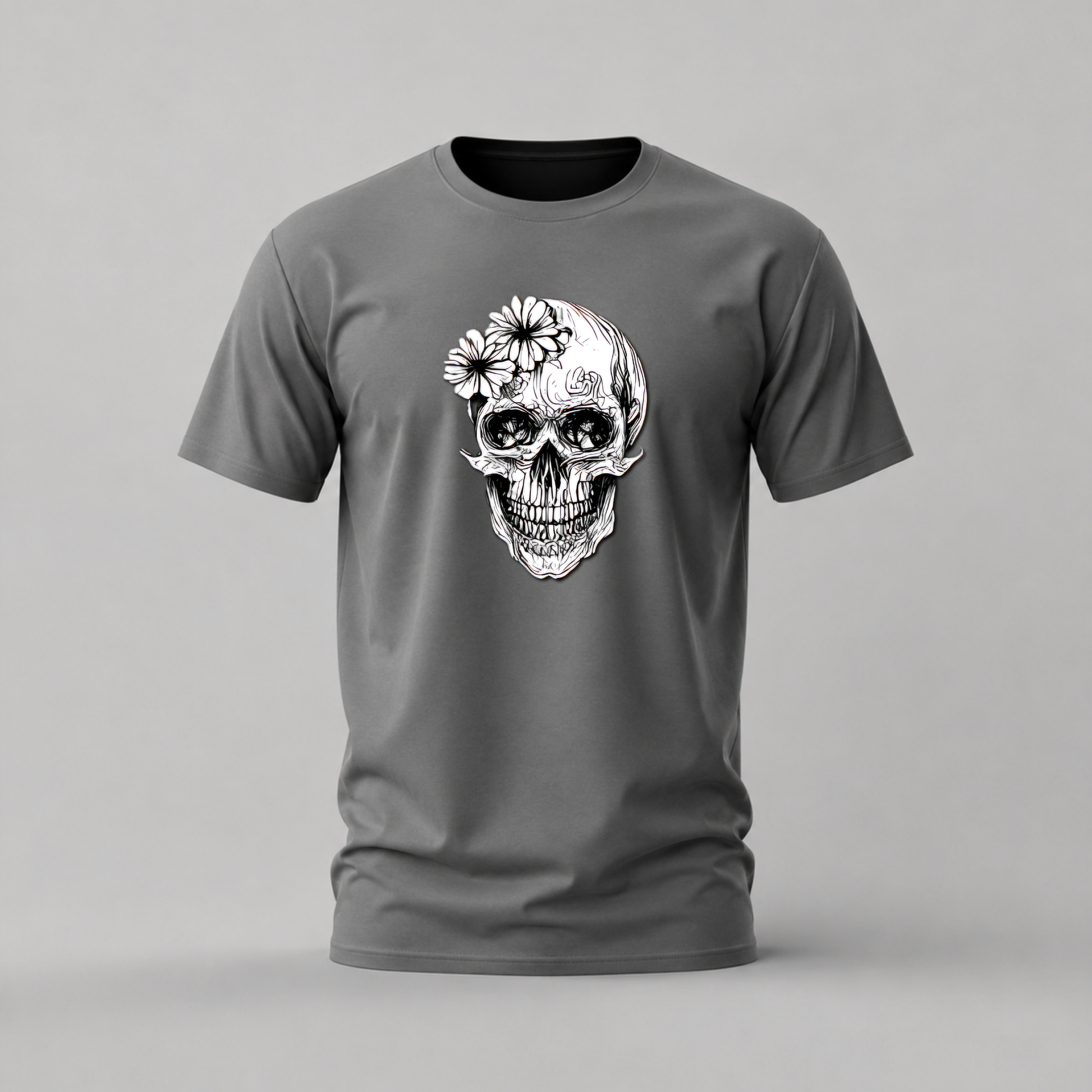 flower skull tshirt; floral skull shirt; skull with flowers graphic tee; artistic skull tshirt; gothic flower shirt; unisex skull tee; men cotton tshirt; half sleeve printed tshirt; streetwear; casual wear; skull merch; floral graphic shirt