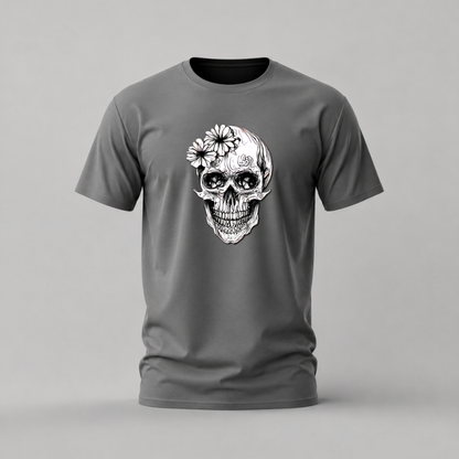 flower skull tshirt; floral skull shirt; skull with flowers graphic tee; artistic skull tshirt; gothic flower shirt; unisex skull tee; men cotton tshirt; half sleeve printed tshirt; streetwear; casual wear; skull merch; floral graphic shirt