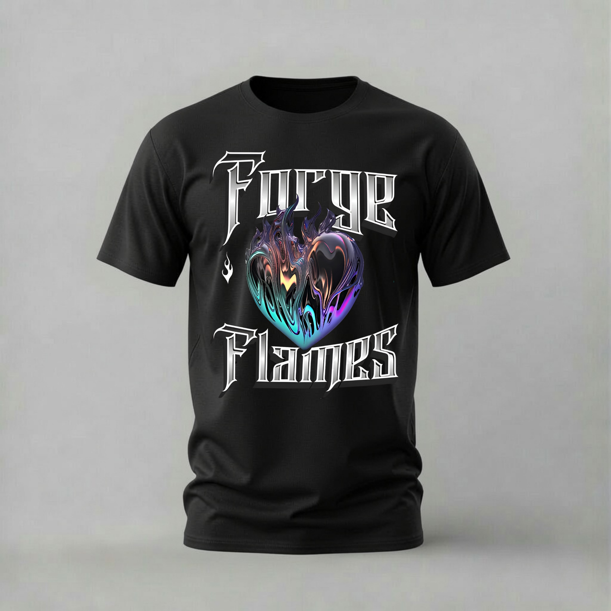 forever flames tshirt; chrome heart shirt; flaming heart graphic tee; metallic heart tshirt; streetwear heart shirt; unisex heart tee; men cotton tshirt; half sleeve printed tshirt; streetwear; casual wear; heart merch; chrome graphic shirt
