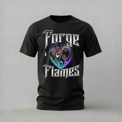 forever flames tshirt; chrome heart shirt; flaming heart graphic tee; metallic heart tshirt; streetwear heart shirt; unisex heart tee; men cotton tshirt; half sleeve printed tshirt; streetwear; casual wear; heart merch; chrome graphic shirt
