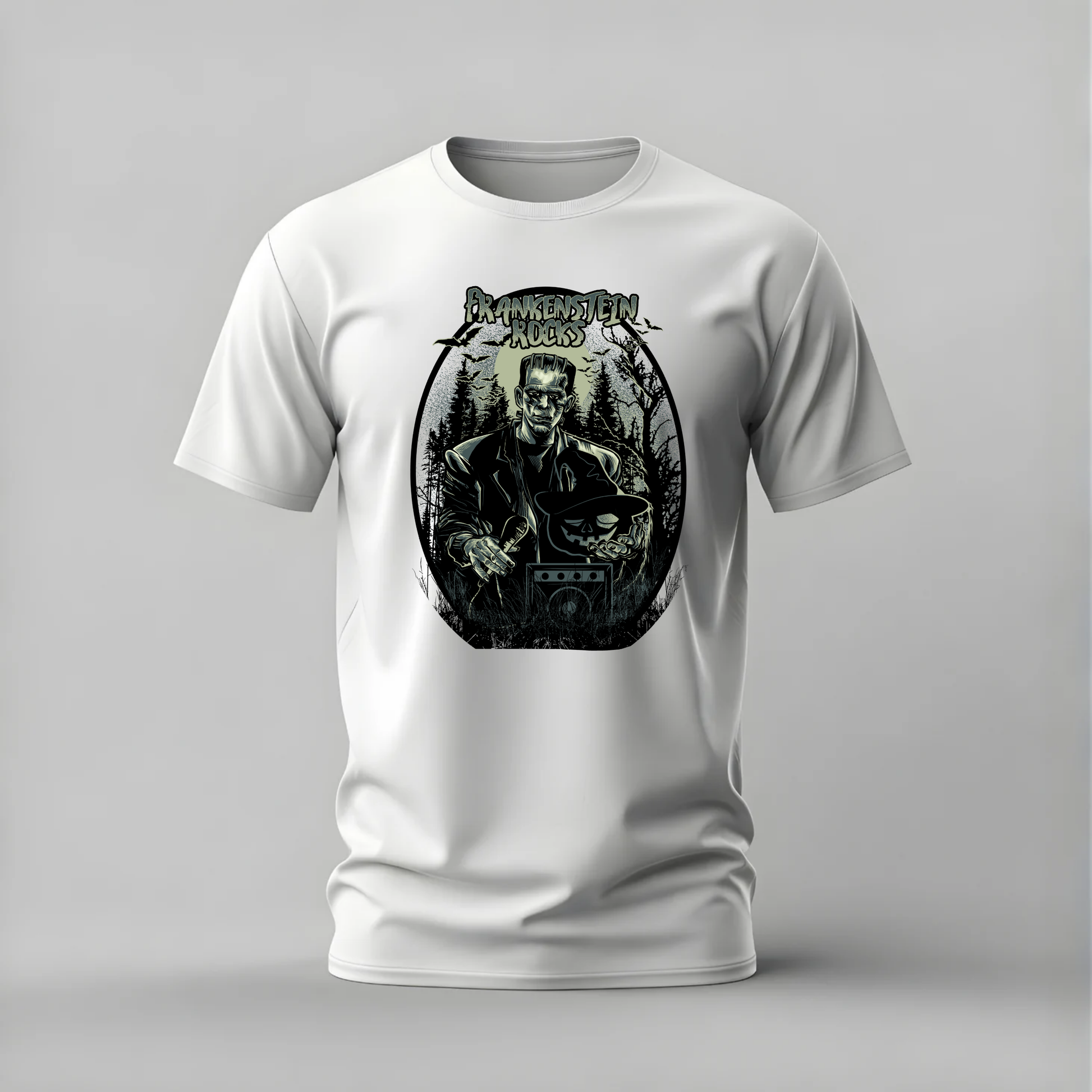 frankenstein rocks tshirt; monster rock shirt; frankenstein graphic tee; halloween rock tshirt; pumpkin frankenstein shirt; unisex frankenstein tee; men cotton tshirt; half sleeve printed tshirt; streetwear; casual wear; frankenstein merch; horror graphic shirt
