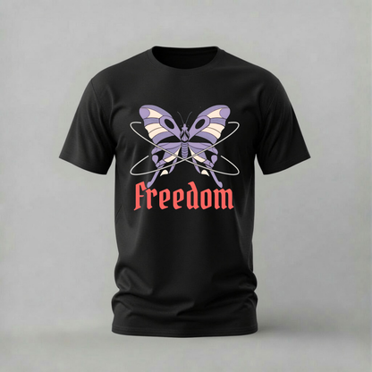 freedom butterfly tshirt; purple butterfly shirt; freedom graphic tee; butterfly freedom tshirt; elegant butterfly shirt; unisex nature tee; men cotton tshirt; half sleeve printed tshirt; streetwear; casual wear; butterfly merch; freedom graphic shirt
