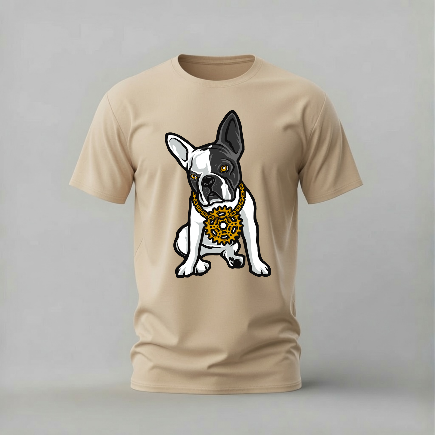 french bulldog tshirt; gear necklace dog shirt; frenchie graphic tee; stylish bulldog tshirt; dog chain shirt; unisex frenchie tee; men cotton tshirt; half sleeve printed tshirt; streetwear; casual wear; french bulldog merch; dog graphic shirt
