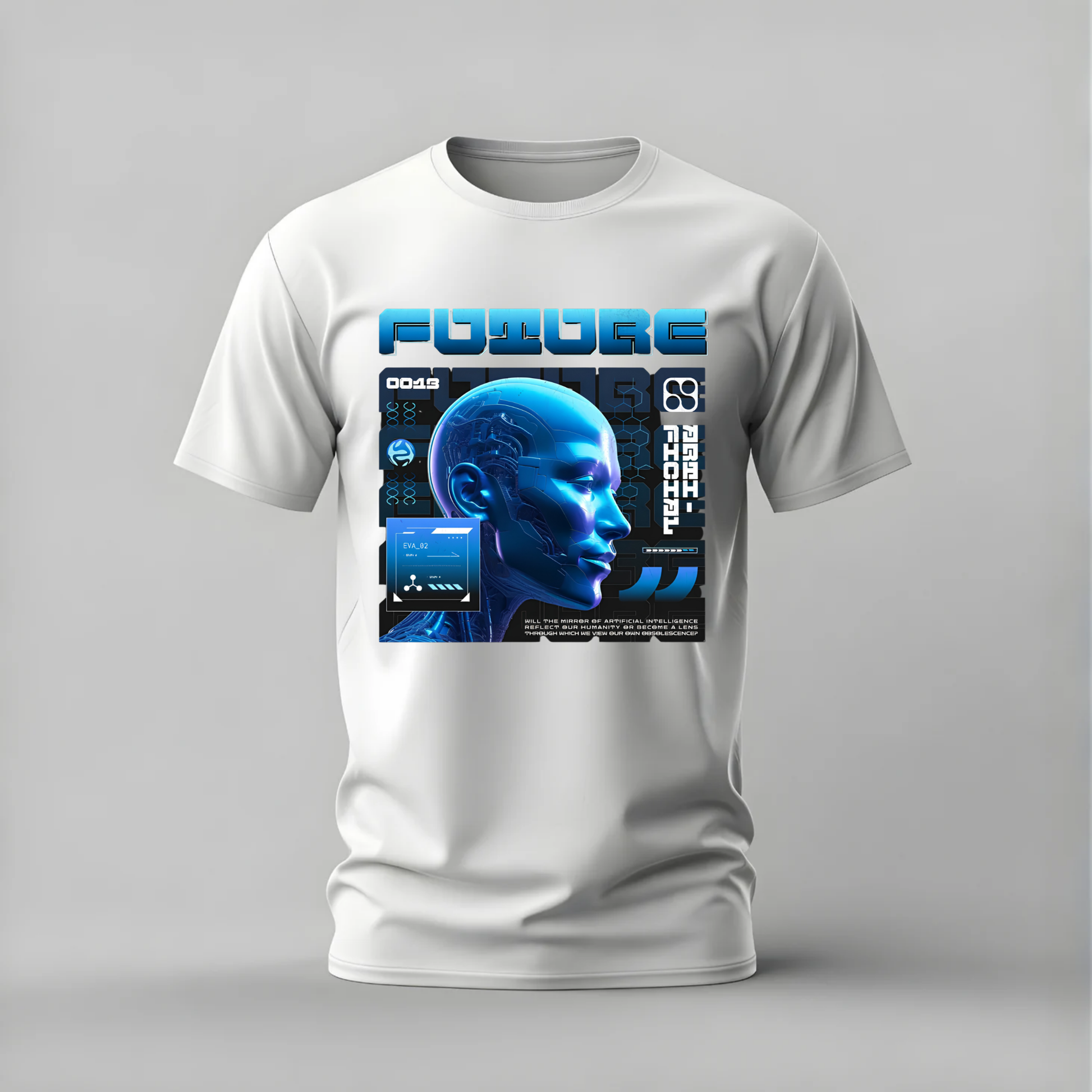 future ai tshirt; cybernetic robot shirt; artificial intelligence graphic tee; futuristic ai tshirt; cyberpunk robot tee; unisex tech tshirt; men cotton tshirt; half sleeve printed tshirt; streetwear; casual wear; ai merch; robot graphic shirt
