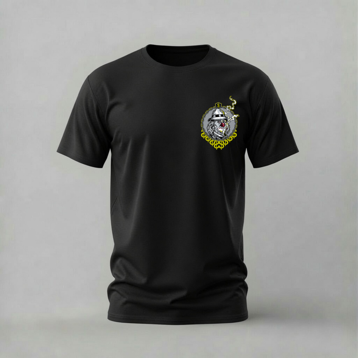 gangster clown tshirt; dollar clown shirt; money clown graphic tee; streetwear clown tshirt; chain clown shirt; unisex clown tee; men cotton tshirt; half sleeve printed tshirt; streetwear; casual wear; clown merch; dark humor graphic shirt
