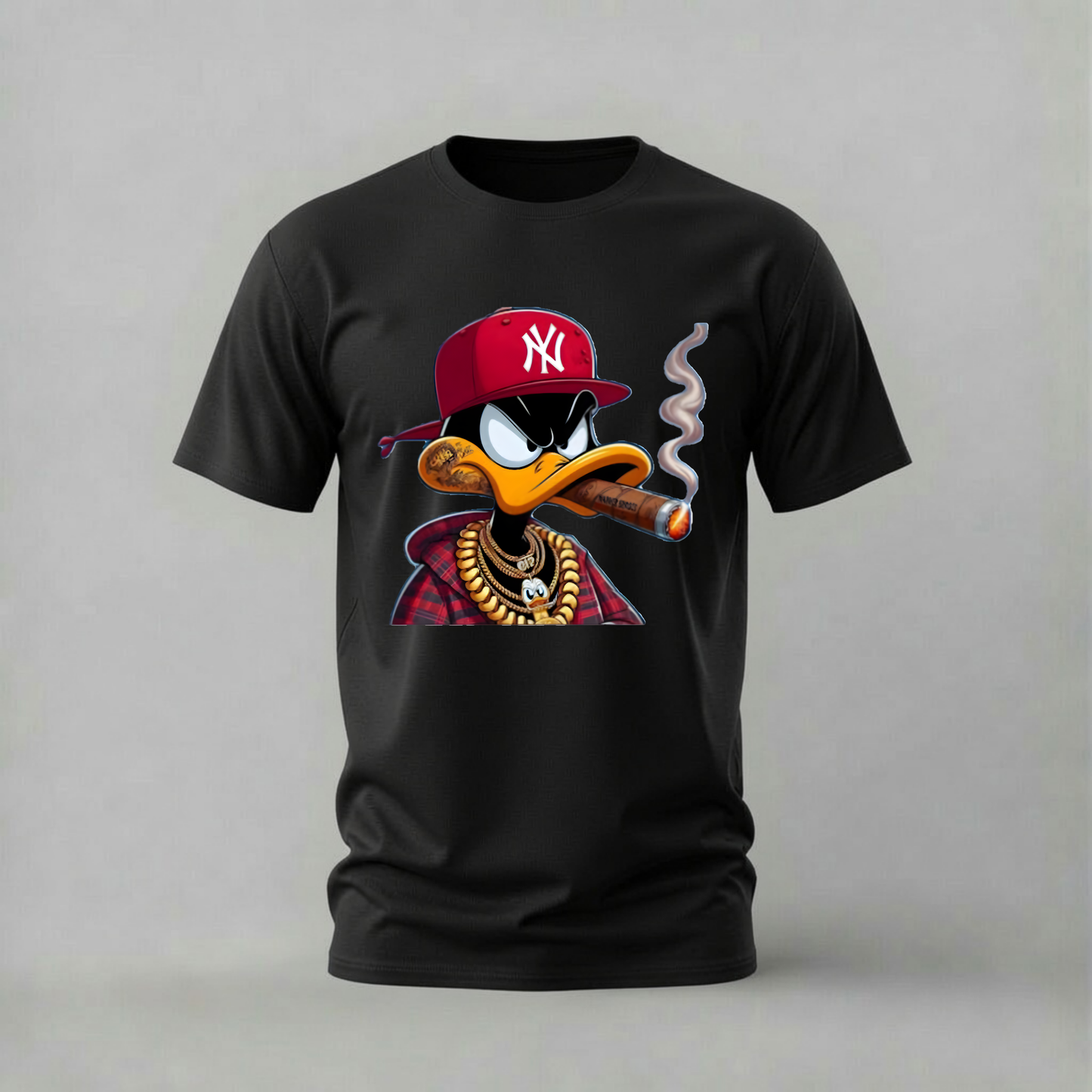 gangster daffy tshirt; cool duck shirt; daffy duck graphic tee; gangster cartoon tshirt; ny duck shirt; unisex cartoon tee; men cotton tshirt; half sleeve printed tshirt; streetwear; casual wear; daffy merch; cartoon graphic shirt
