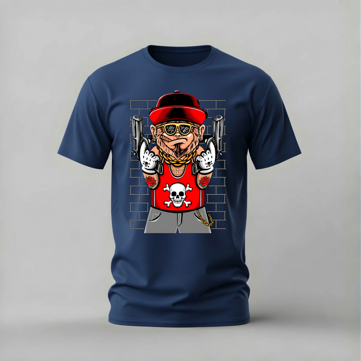 gangster monkey tshirt; street monkey shirt; cartoon monkey guns graphic tee; urban animal tshirt; unisex graphic tee; men cotton tshirt; half sleeve printed tshirt; street merch; casual wear