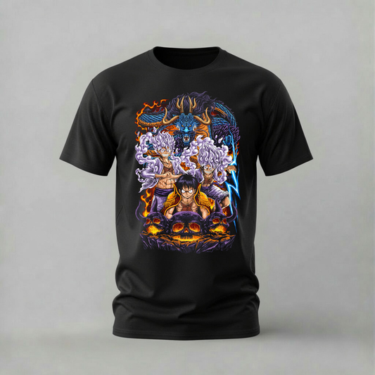 gear 5 luffy group tshirt; one piece awakening shirt; gear fifth graphic tee; luffy kaido gear 5; unisex gear 5 luffy tee; men cotton tshirt; half sleeve printed tshirt; anime merch; casual wear