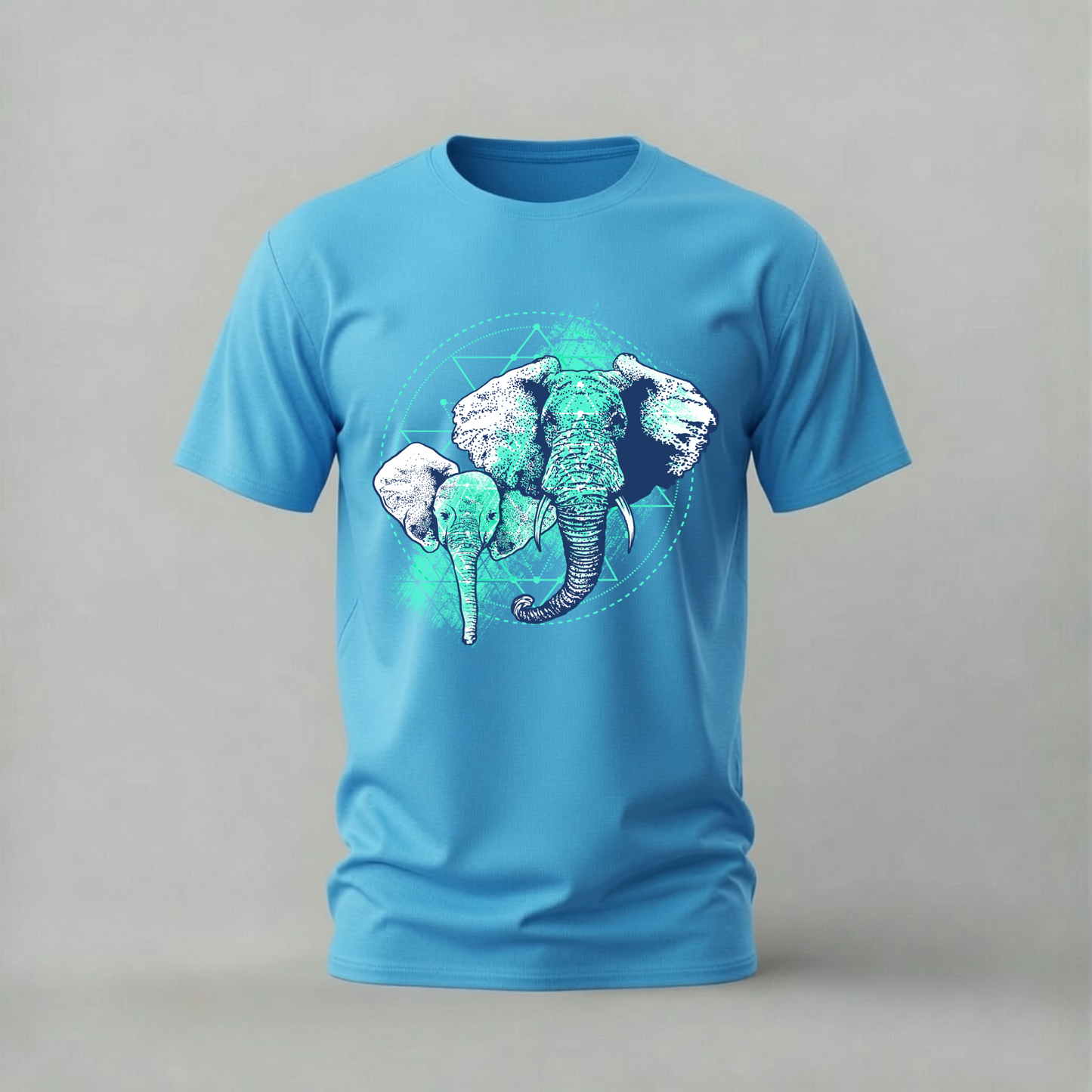 geometric elephants tshirt; abstract elephant shirt; modern elephant graphic tee; teal elephant tshirt; artistic animal shirt; unisex elephant tee; men cotton tshirt; half sleeve printed tshirt; streetwear; casual wear; animal merch; geometric graphic shirt