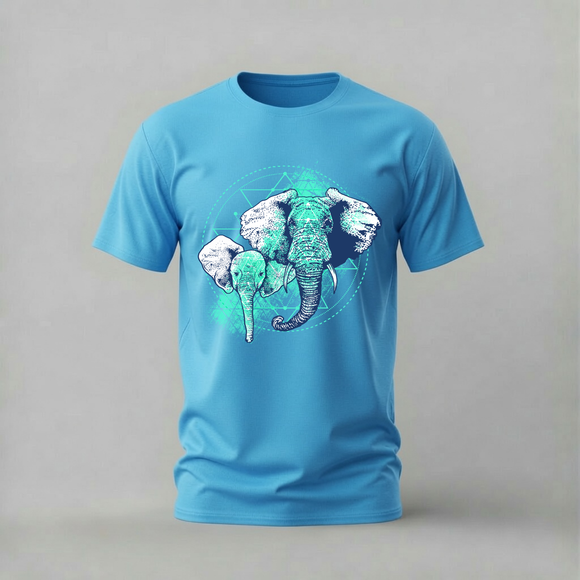 geometric elephants tshirt; abstract elephant shirt; modern elephant graphic tee; teal elephant tshirt; artistic animal shirt; unisex elephant tee; men cotton tshirt; half sleeve printed tshirt; streetwear; casual wear; animal merch; geometric graphic shirt