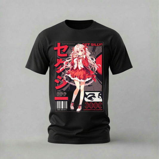 get silly tshirt; anime girl shirt; red outfit graphic tee; japanese anime tshirt; unisex anime tee; men cotton tshirt; half sleeve printed tshirt; anime merch; casual wear