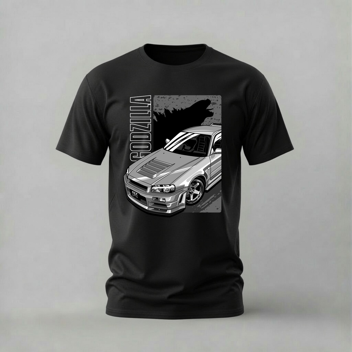 godzilla shadow tshirt; silver gtr shirt; godzilla silhouette graphic tee; nissan gtr tshirt; unisex car tee; men cotton tshirt; half sleeve printed tshirt; car merch; casual wear