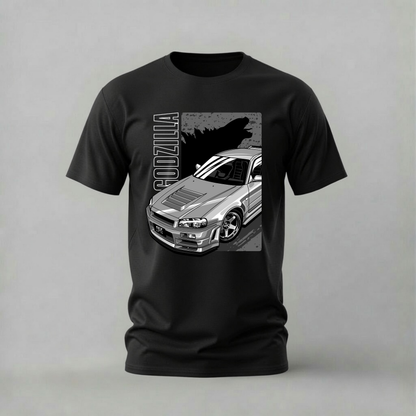 godzilla shadow tshirt; silver gtr shirt; godzilla silhouette graphic tee; nissan gtr tshirt; unisex car tee; men cotton tshirt; half sleeve printed tshirt; car merch; casual wear