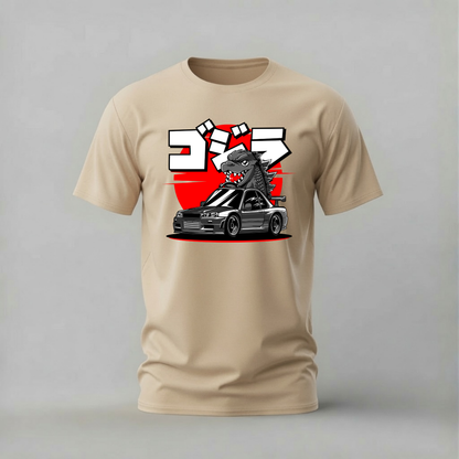 godzilla skyline tshirt; r34 godzilla shirt; nissan skyline graphic tee; jdm monster tshirt; unisex car tee; men cotton tshirt; half sleeve printed tshirt; car merch; casual wear
