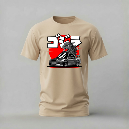 godzilla skyline tshirt; r34 godzilla shirt; nissan skyline graphic tee; jdm monster tshirt; unisex car tee; men cotton tshirt; half sleeve printed tshirt; car merch; casual wear