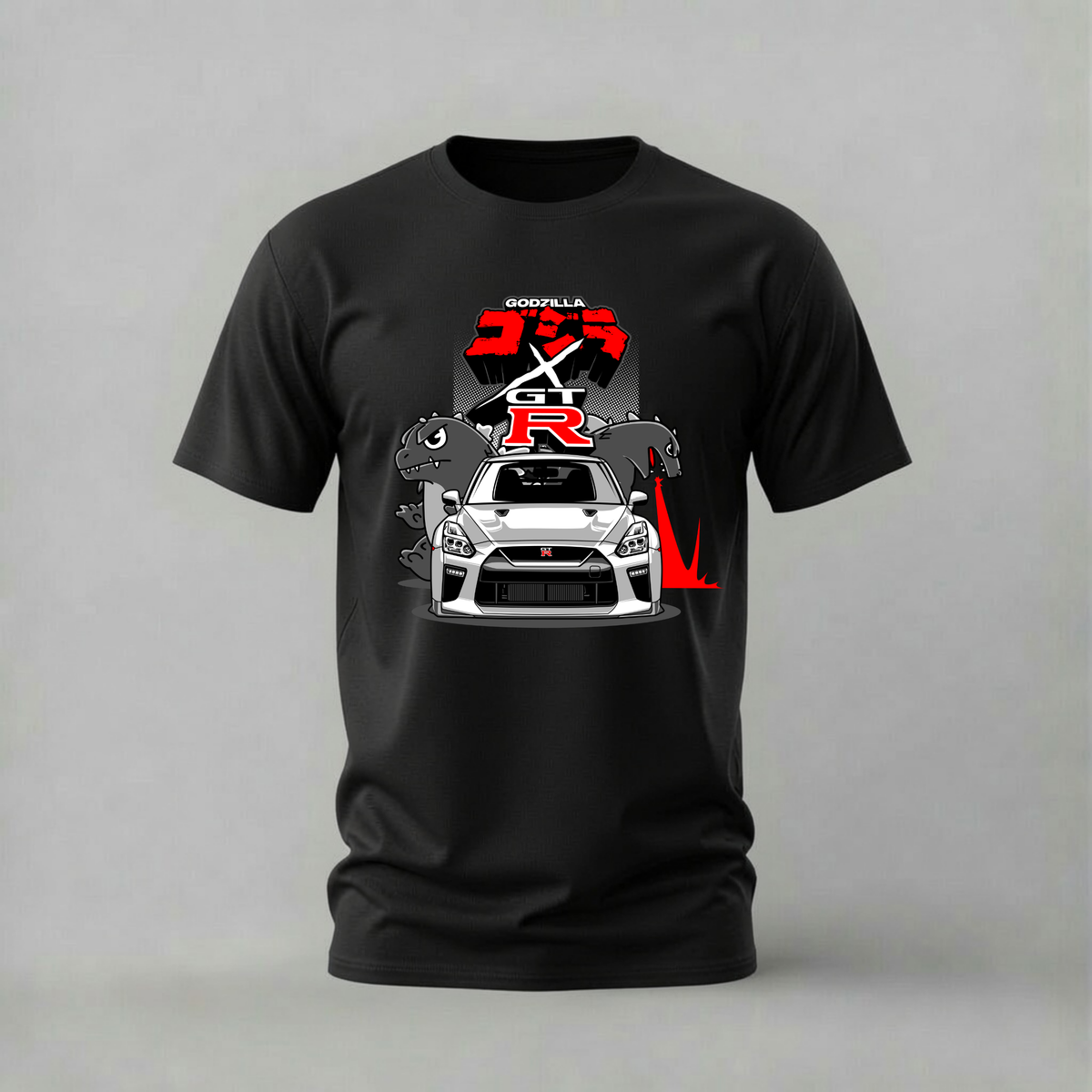 godzilla x gtr tshirt; nissan godzilla shirt; cartoon gtr graphic tee; godzilla car tshirt; unisex car tee; men cotton tshirt; half sleeve printed tshirt; car merch; casual wear