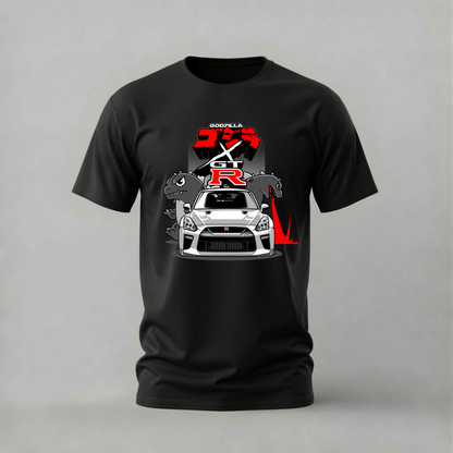 godzilla x gtr tshirt; nissan godzilla shirt; cartoon gtr graphic tee; godzilla car tshirt; unisex car tee; men cotton tshirt; half sleeve printed tshirt; car merch; casual wear