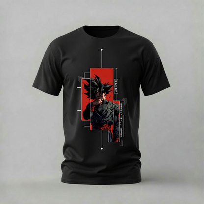 goku black tshirt; dragon ball super shirt; goku black graphic tee; black goku anime tshirt; dragon ball villain shirt; unisex goku black tee; men cotton tshirt; half sleeve printed tshirt; streetwear; casual wear; dragon ball merch; anime graphic shirt