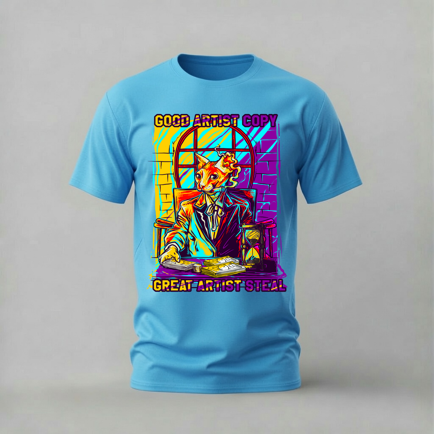 good artist copy tshirt; great artist steal shirt; artist quote graphic tee; sphinx cat money tshirt; creative quote shirt; unisex artist tee; men cotton tshirt; half sleeve printed tshirt; streetwear; casual wear; artist merch; creative graphic shirt