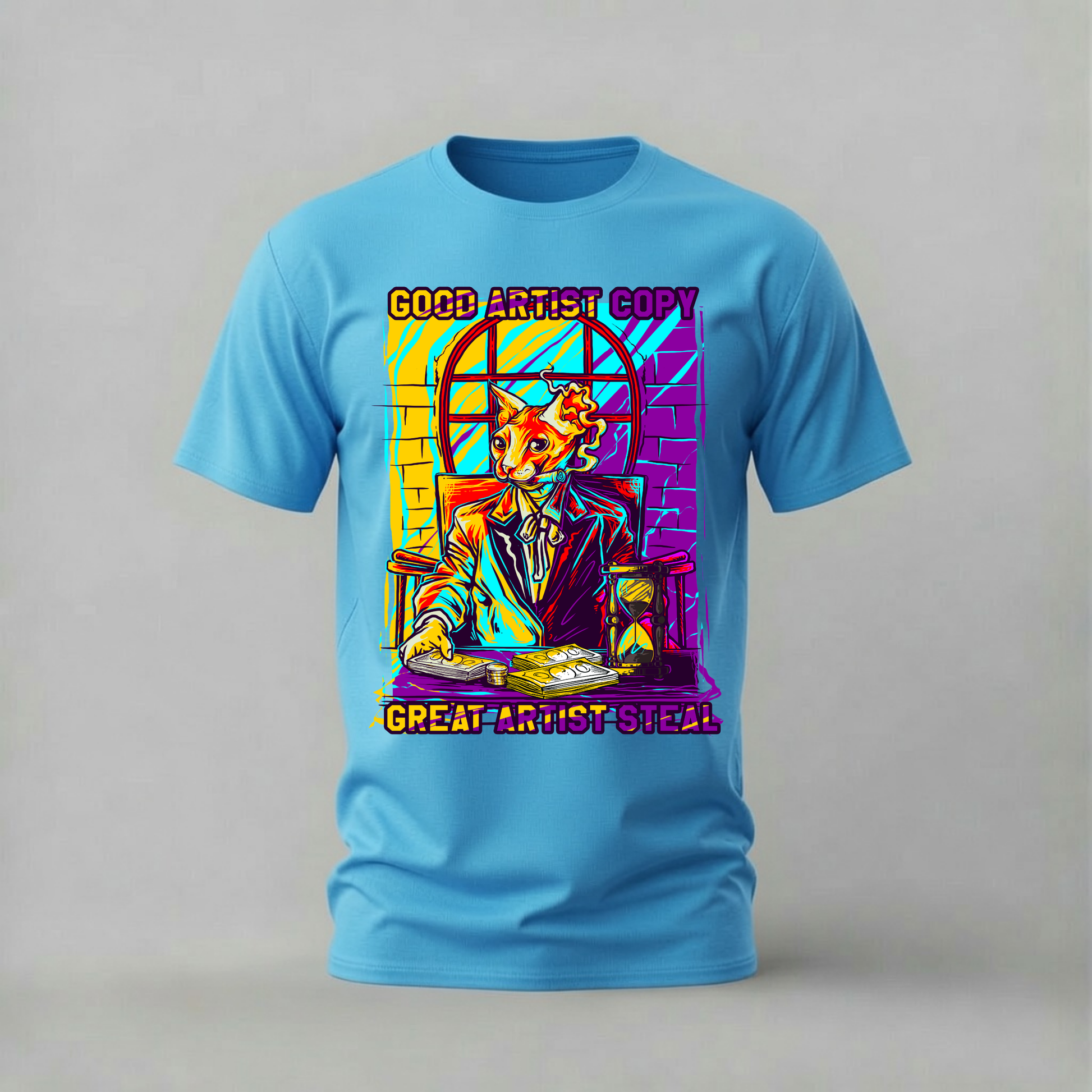 good artist copy tshirt; great artist steal shirt; artist quote graphic tee; sphinx cat money tshirt; creative quote shirt; unisex artist tee; men cotton tshirt; half sleeve printed tshirt; streetwear; casual wear; artist merch; creative graphic shirt
