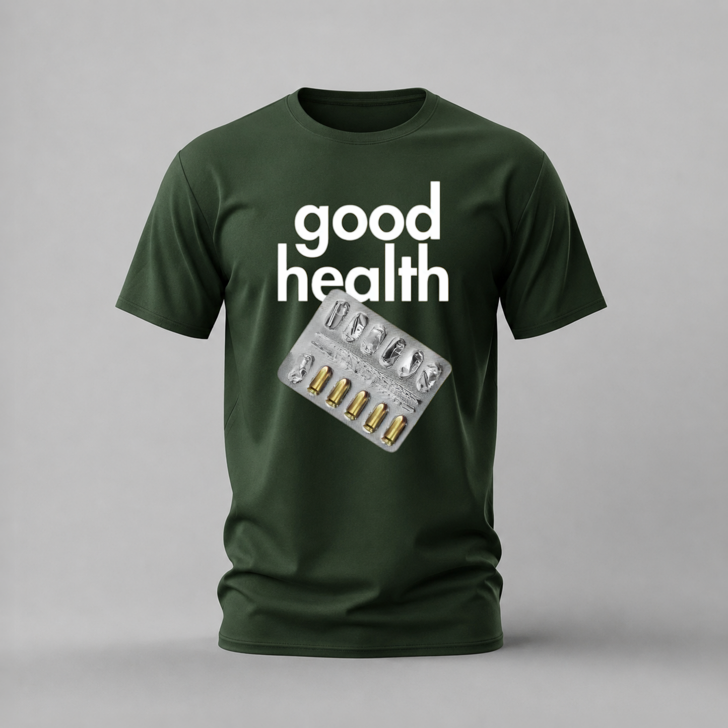 good health tshirt; bullets pack shirt; good health graphic tee; dark humor tshirt; blister bullets shirt; unisex health tee; men cotton tshirt; half sleeve printed tshirt; streetwear; casual wear; health merch; bullets graphic shirt
